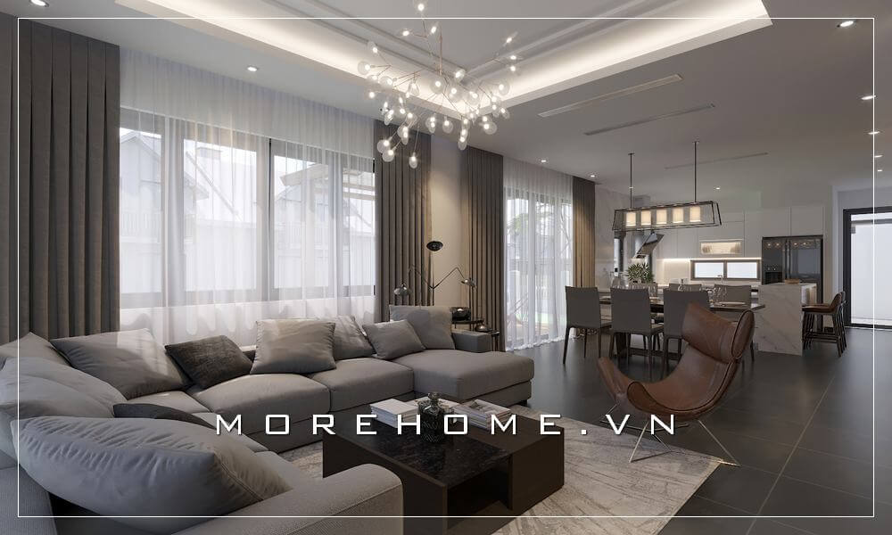 Mẫu  thiết kế nội thất phòng khách biệt thự hiện đại với tông màu chủ đạo trắng xám đầy sang trọng đẳng cấp